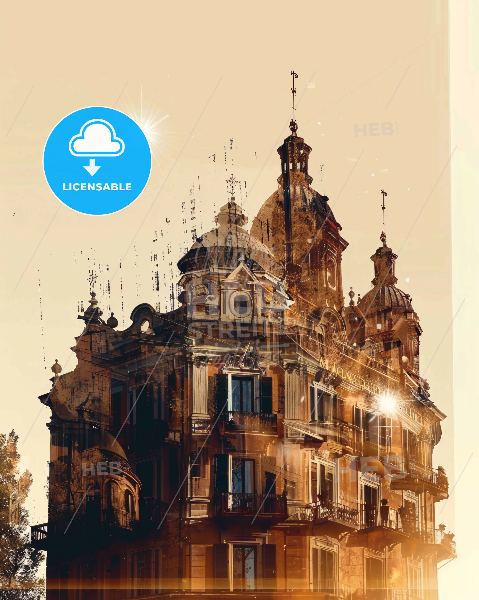 Sant'Antioco, Italy, double exposure composite art skyline - A building with a large dome and a few trees