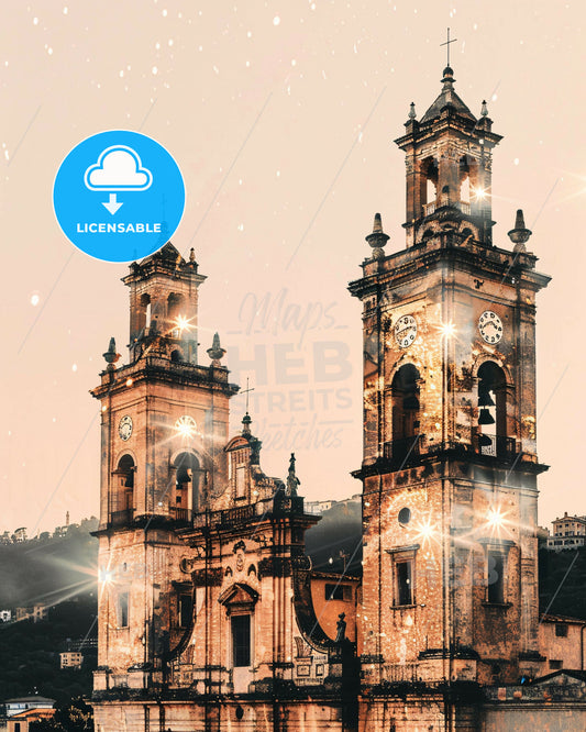 Sant'Antioco, Italy, double exposure composite art skyline - A large stone building with a clock tower