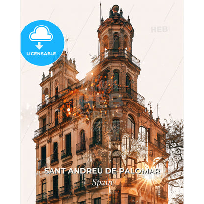 Sant Andreu de Palomar: City Icons on Beige - A building with a tower and a tree - Square format print template