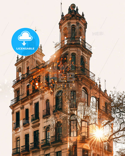 Sant Andreu de Palomar: City Icons on Beige - A building with a tower and a tree