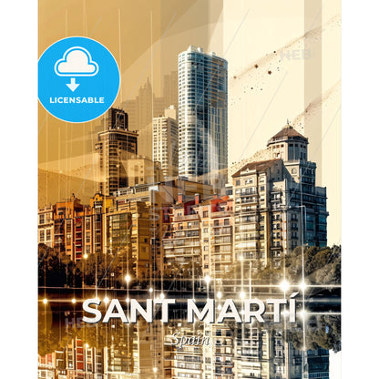 Sant MartÃ­ Skyline Art: Double Exposure Delight - A city skyline with many buildings and trees - Square format print template