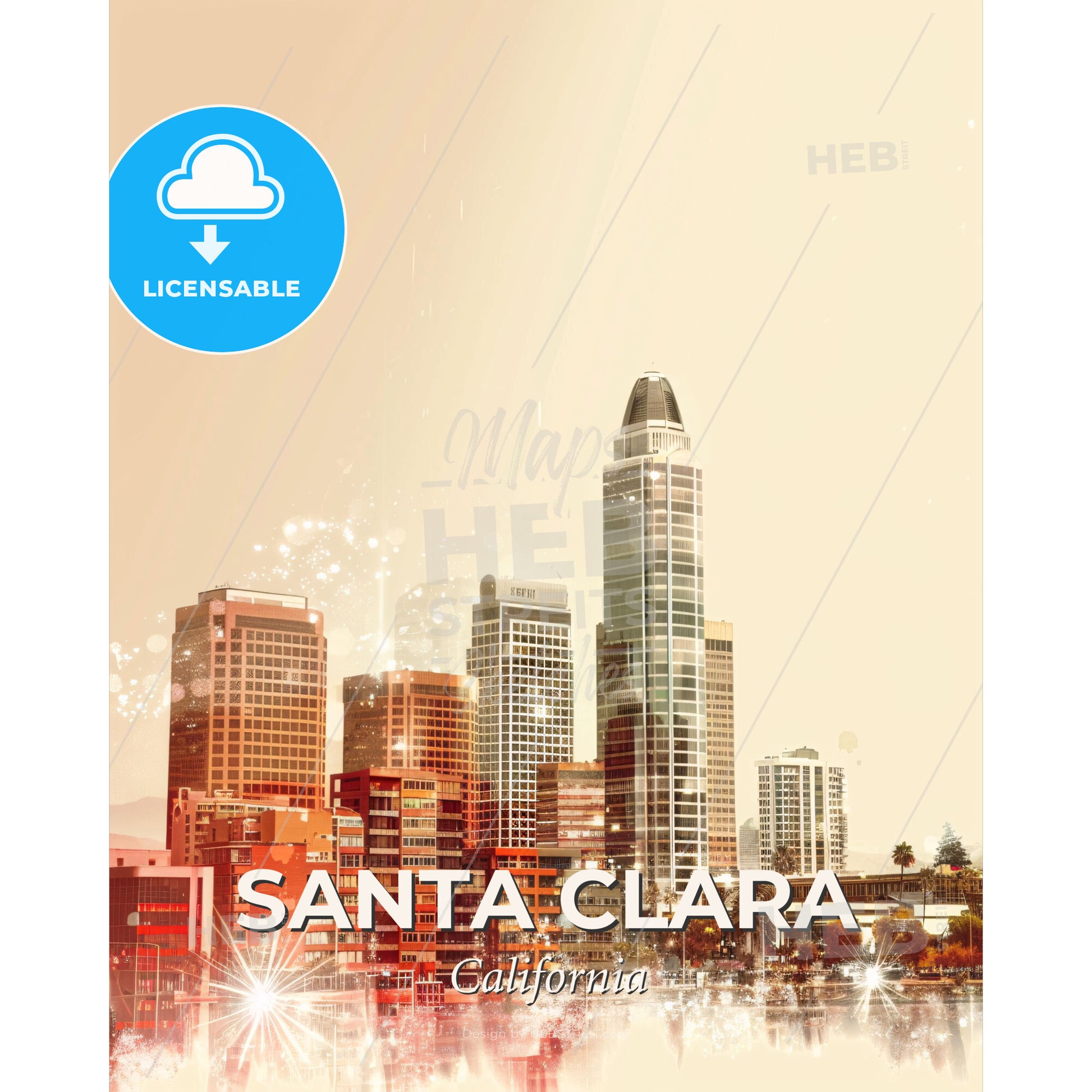 Santa Clara Cityscape Art: Skyline and Architecture Composite - A city skyline with fireworks - Square format print template