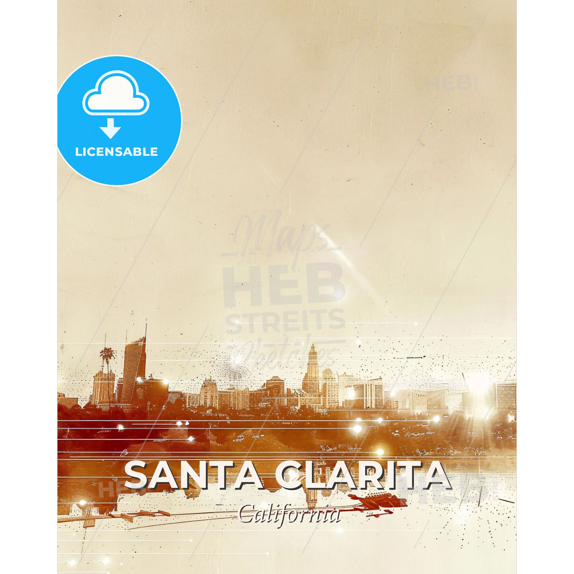 Santa Clarita City Skyline Poster Art - A city skyline with lights and reflections - Square format print template