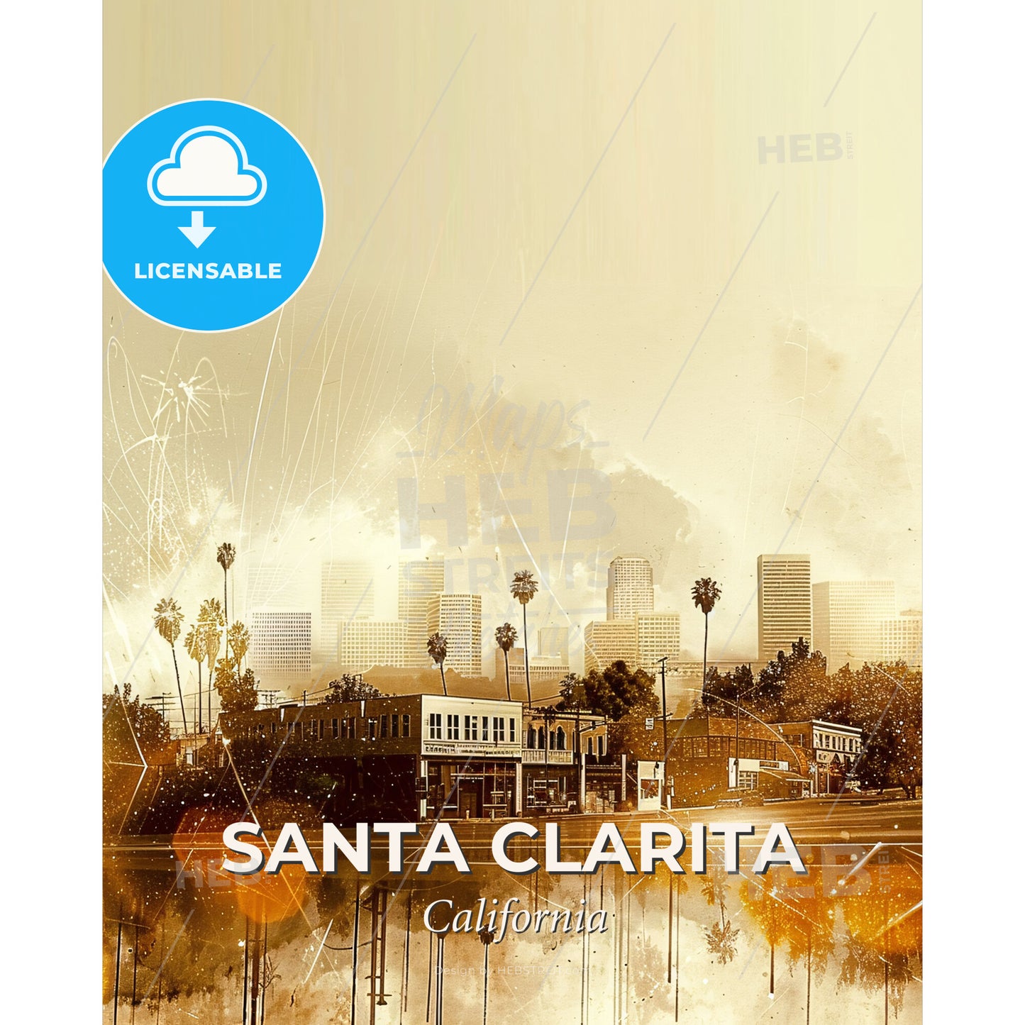 Santa Clarita City Icon Skyline Pop Art - A city with buildings and fireworks - Square format print template