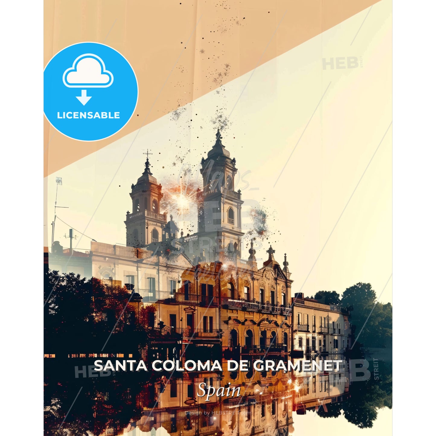 Santa Coloma de Gramenet Sky Composite - A building with towers and trees - Square format print template