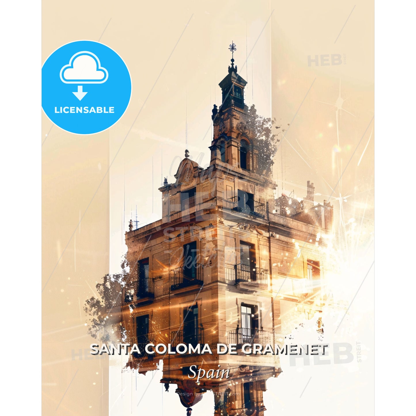 Santa Coloma Skyline Sunset Composite - A building with a tower - Square format print template