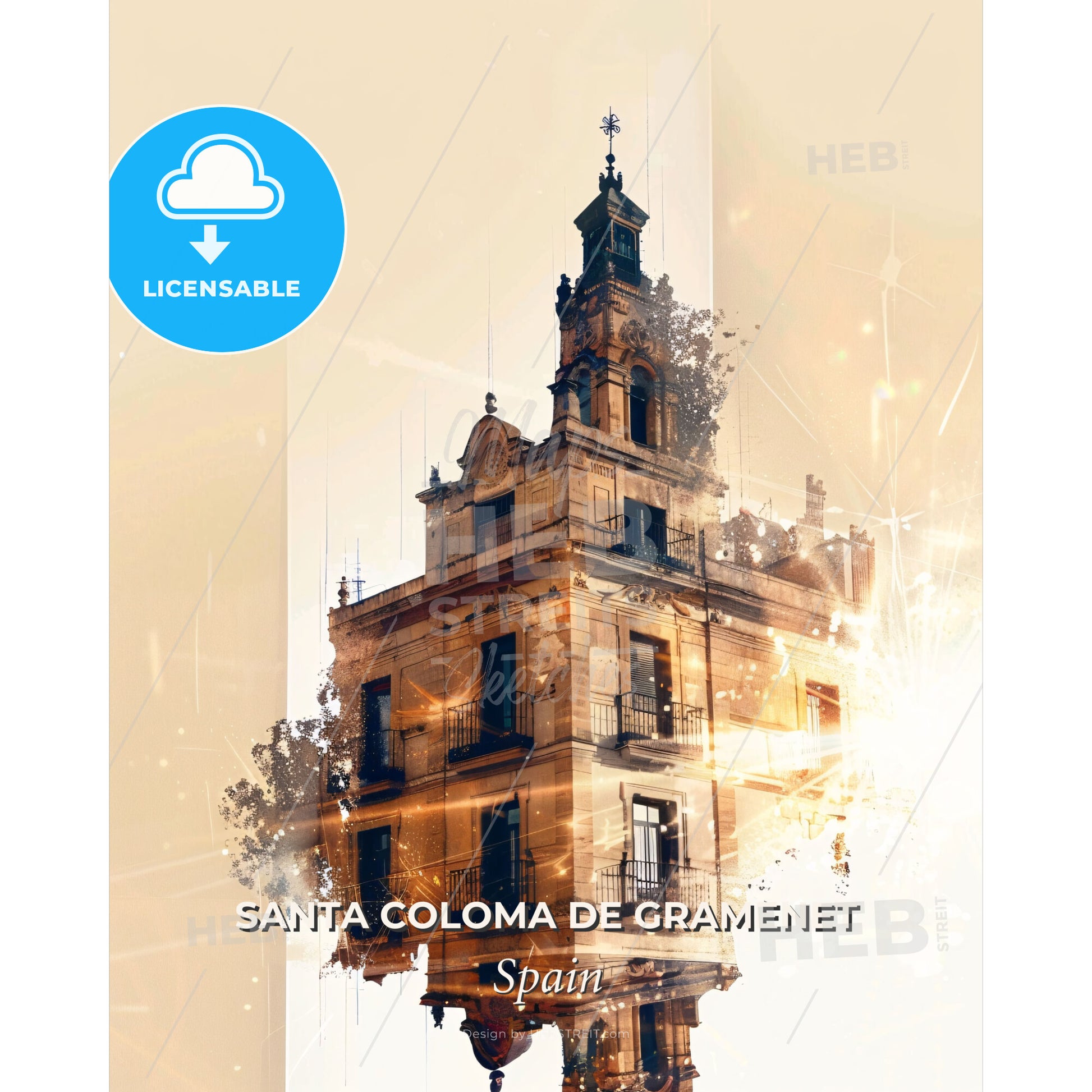 Santa Coloma Skyline Sunset Composite - A building with a tower - Square format print template
