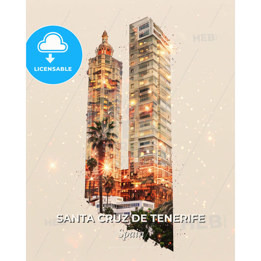 Santa Cruz Cityscape Art with Local Icons - A double exposure of a city - Square format print template