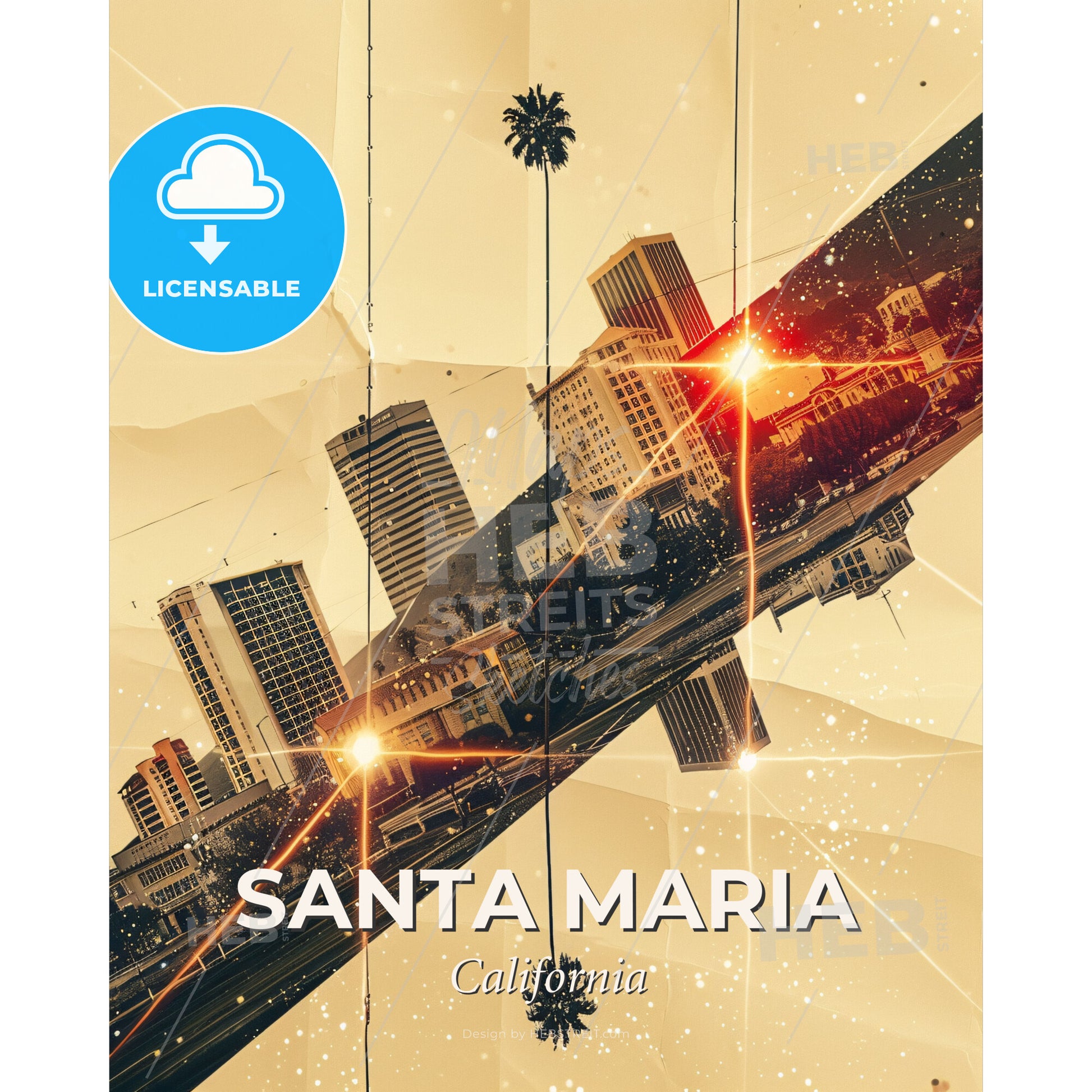 Santa Maria Skyline City Art Poster - A cityscape with orange lights - Square format print template