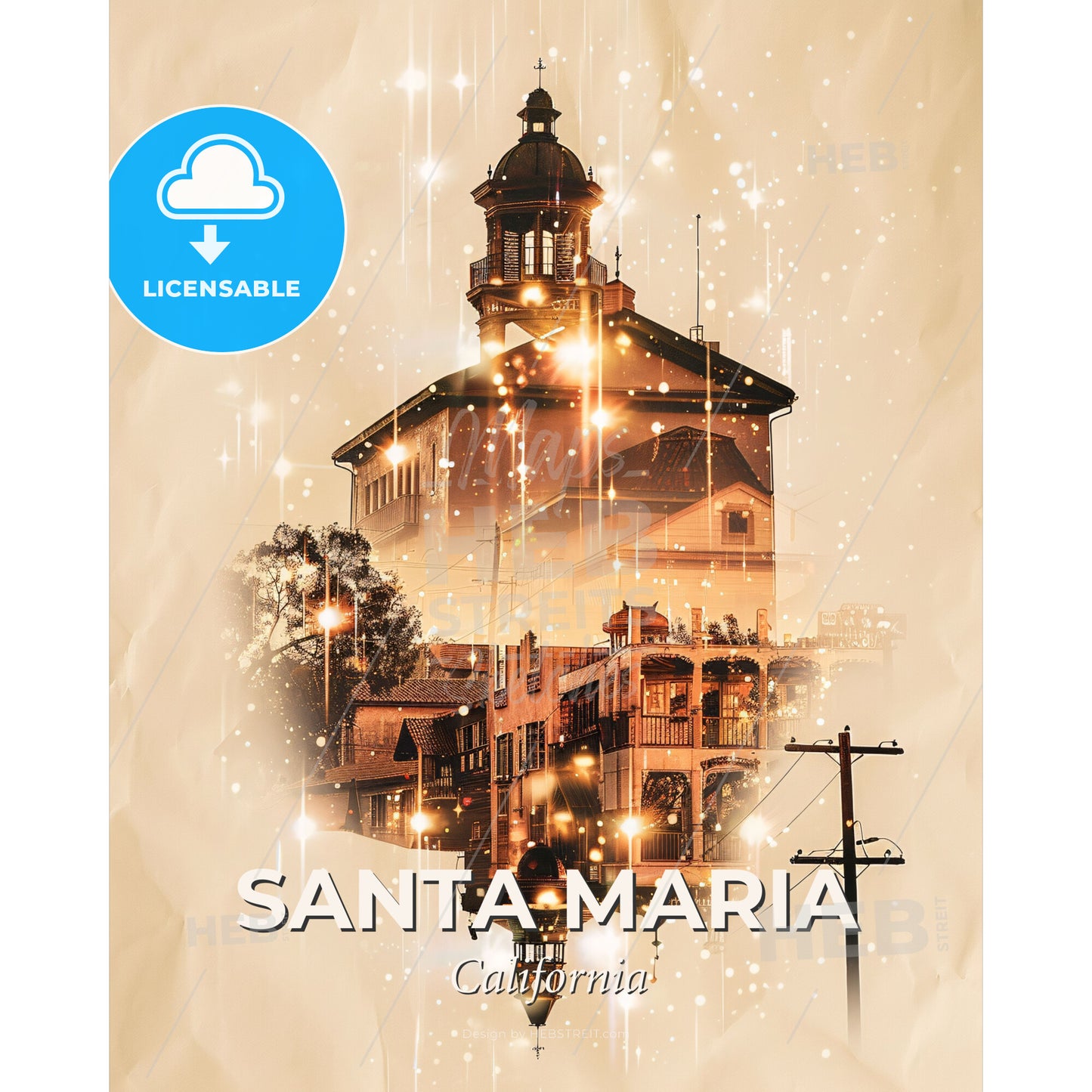 Santa Maria City Scenescape Skyline Print - A double exposure of a building - Square format print template