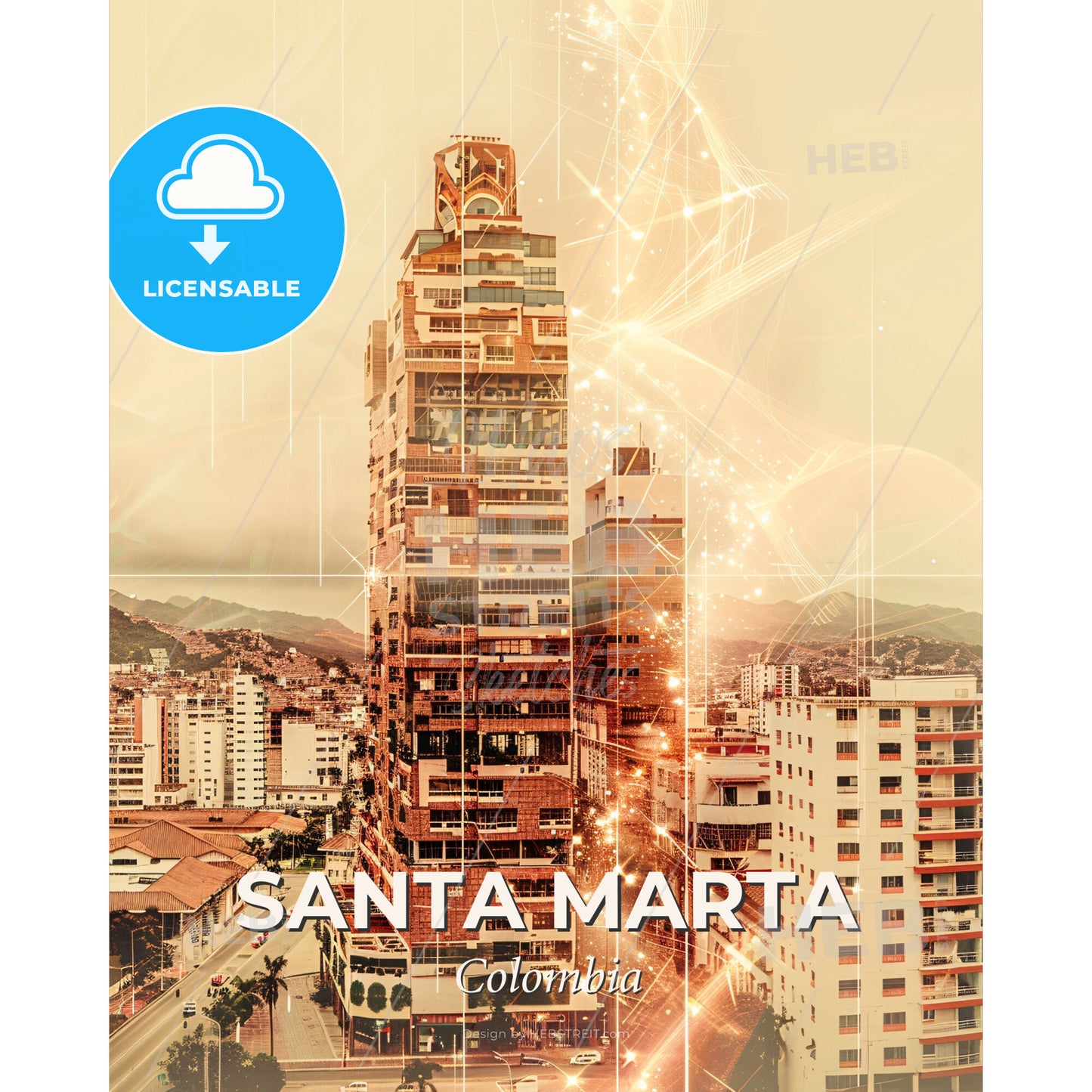 Santa Marta City Skyline Silhouette Poster - A tall building with many windows - Square format print template
