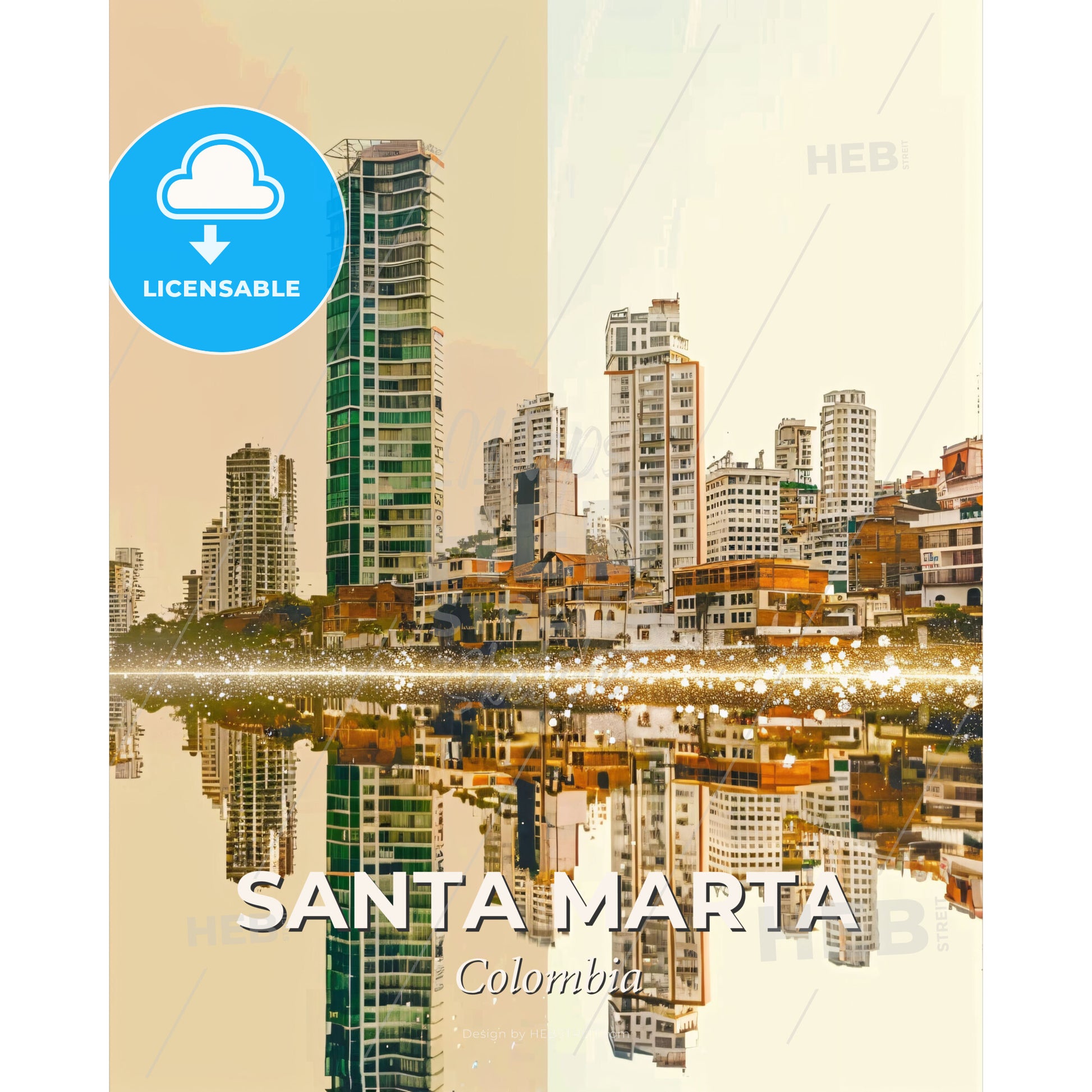 Santa Marta Skyline Double Exposure Poster Art - A city with many buildings reflected in water - Square format print template