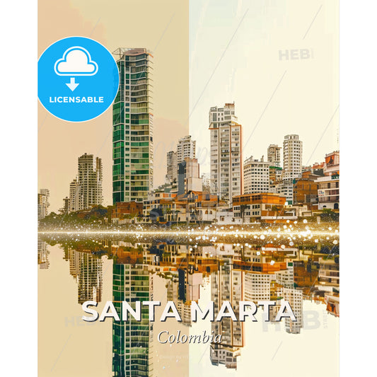 Santa Marta Skyline Double Exposure Poster Art - A city with many buildings reflected in water - Square format print template