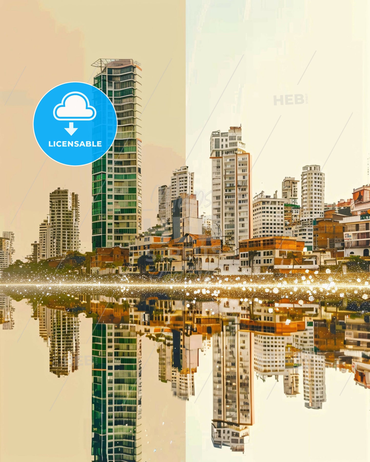 Santa Marta Skyline Double Exposure Poster Art - A city with many buildings reflected in water