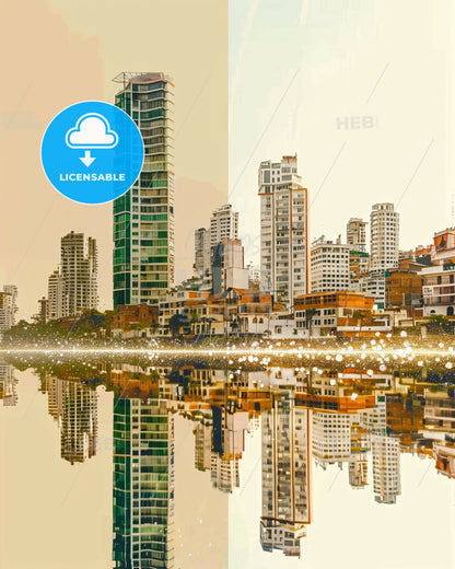 Santa Marta Skyline Double Exposure Poster Art - A city with many buildings reflected in water