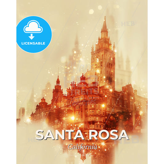 Santa Rosa Skyline Dreamy Poster Art - A building with a tower and lights - Square format print template