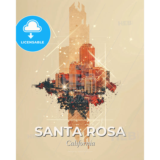 Santa Rosa Citylights Silhouette Art Print Poster - A cityscape with lights and stars - Square format print template