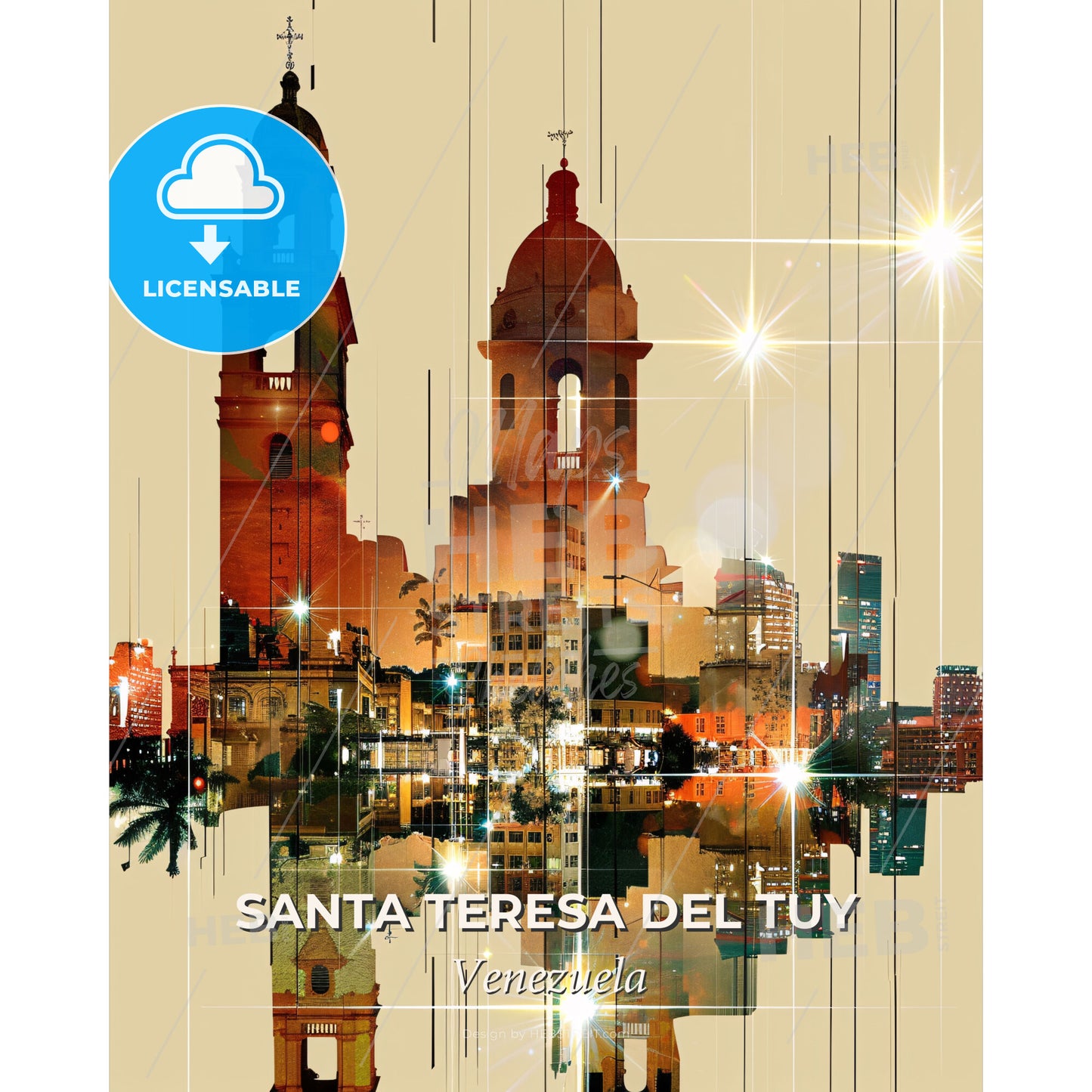 Santa Teresa del Tuy City Skyline Artsy Poster - A city skyline with a reflection of the lights - Square format print template