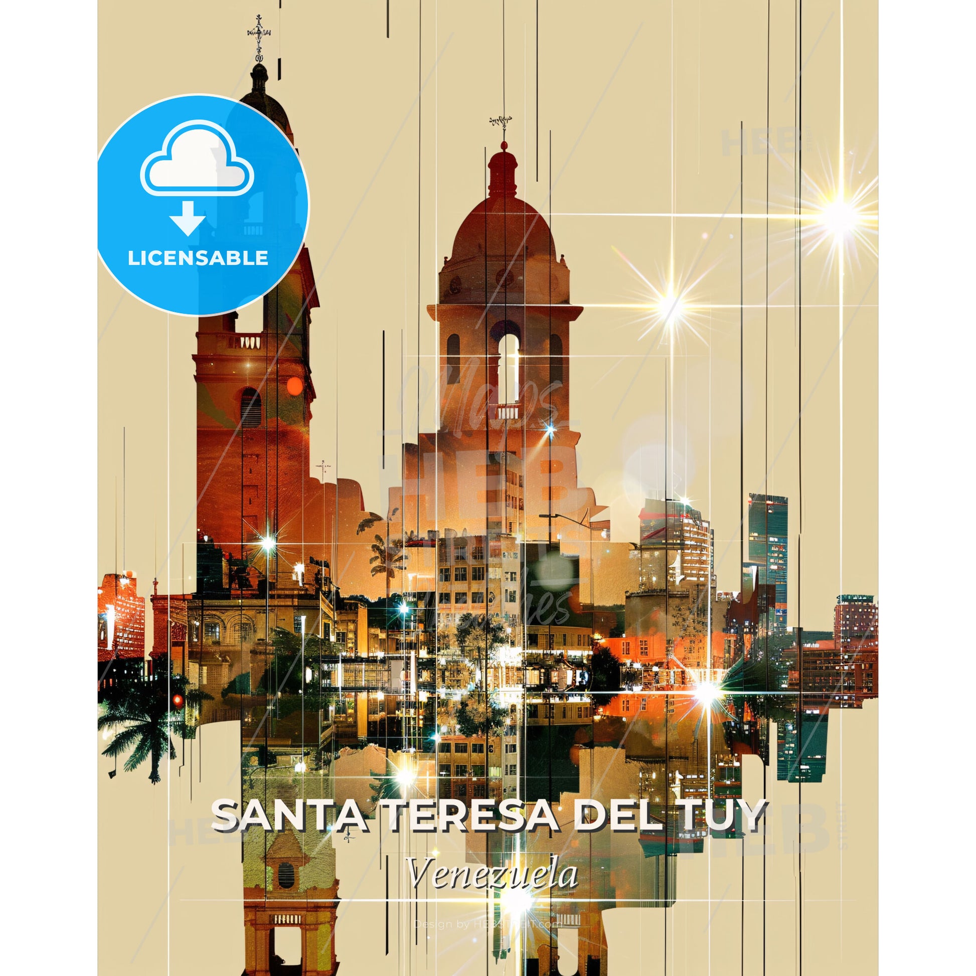 Santa Teresa del Tuy City Skyline Artsy Poster - A city skyline with a reflection of the lights - Square format print template