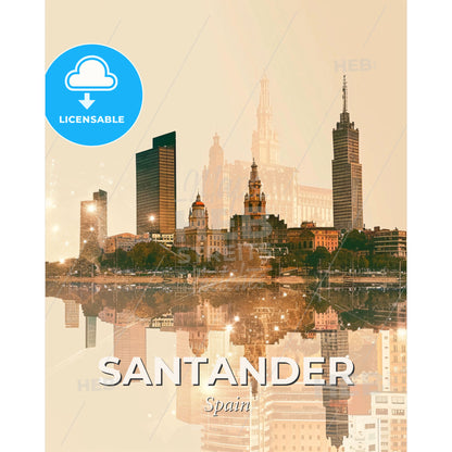 Santander Skyline Composite Art Poster - A city skyline with many tall buildings and a body of water - Square format print template