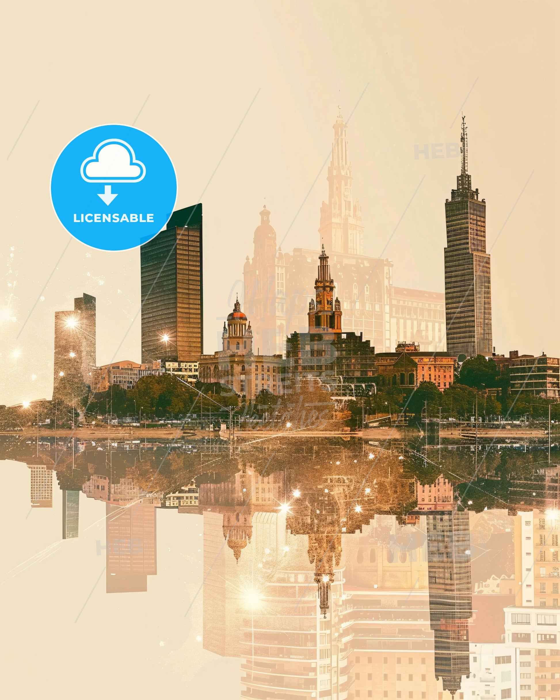 Santander Skyline Composite Art Poster - A city skyline with many tall buildings and a body of water