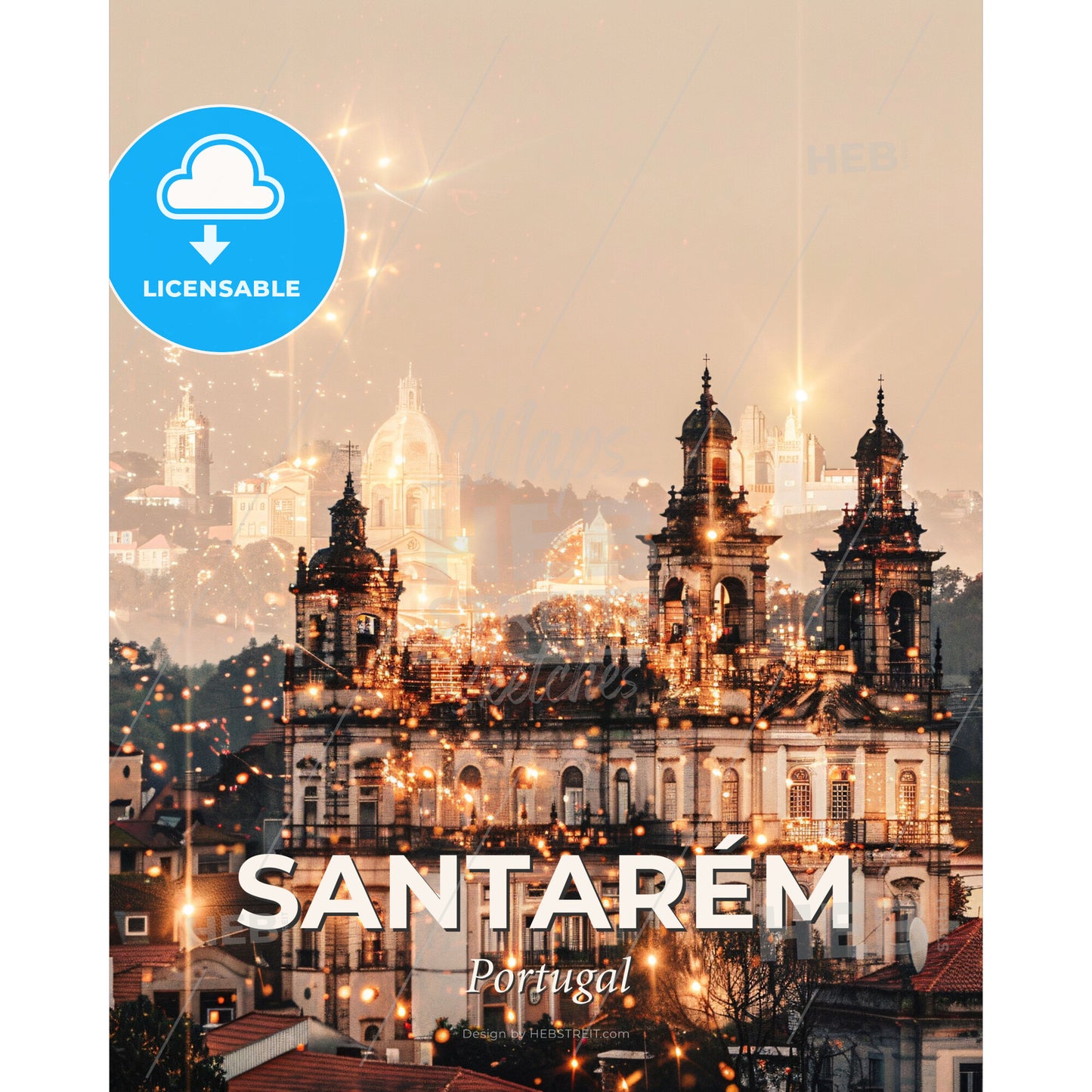 Santarém Skyline Art: Double Exposure, Bright Paper - A building with many lights - Square format print template