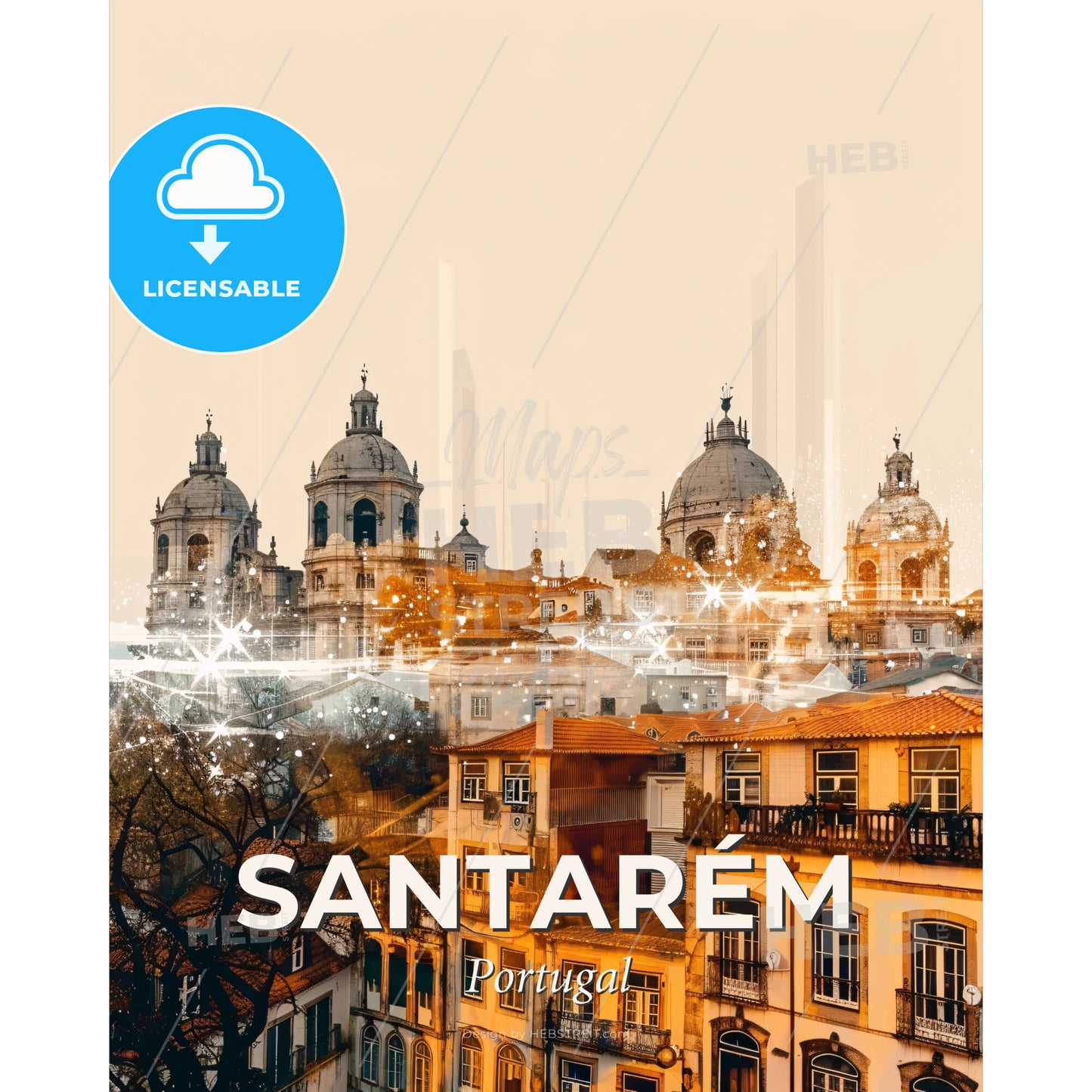 Santarém Skyline Icons Composite Art Bright Beige - A city with many buildings - Square format print template