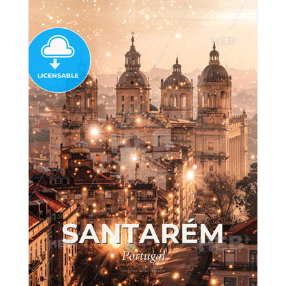 Santarém Skyline: Architecture Icons in Bright Beige - A large building with many towers and a street in the background - Square format print template