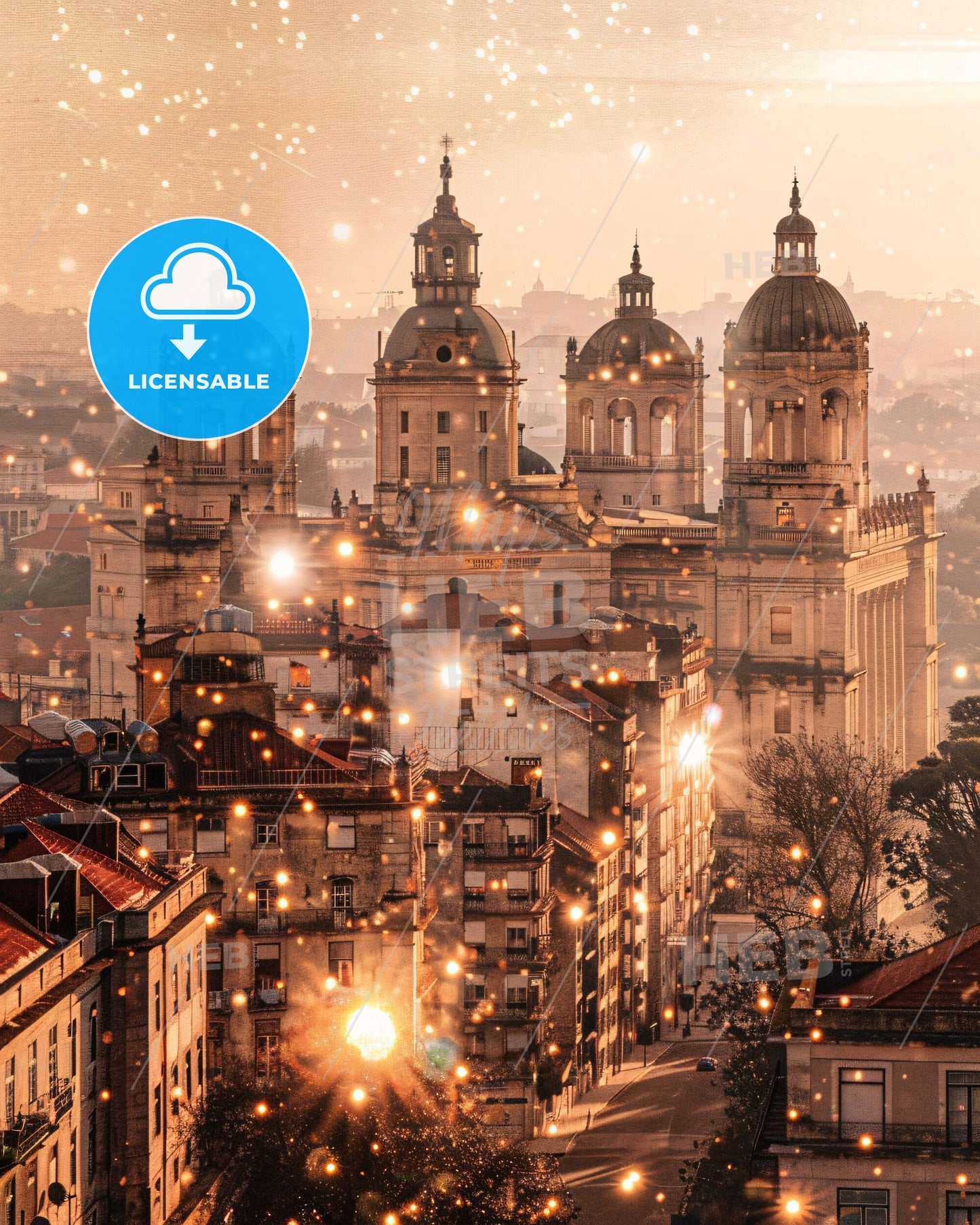 Santarém Skyline: Architecture Icons in Bright Beige - A large building with many towers and a street in the background