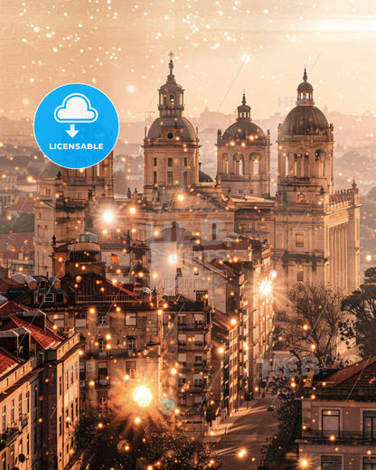 Santarém Skyline: Architecture Icons in Bright Beige - A large building with many towers and a street in the background