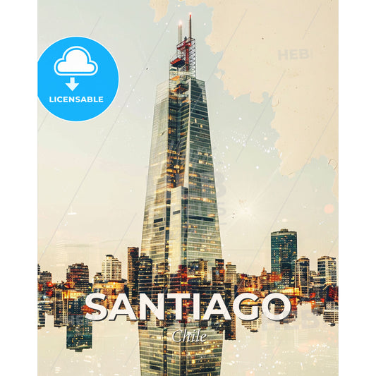 Santiago City Panorama Iconic Architecture Poster - A tall building with a crane on top of it - Square format print template