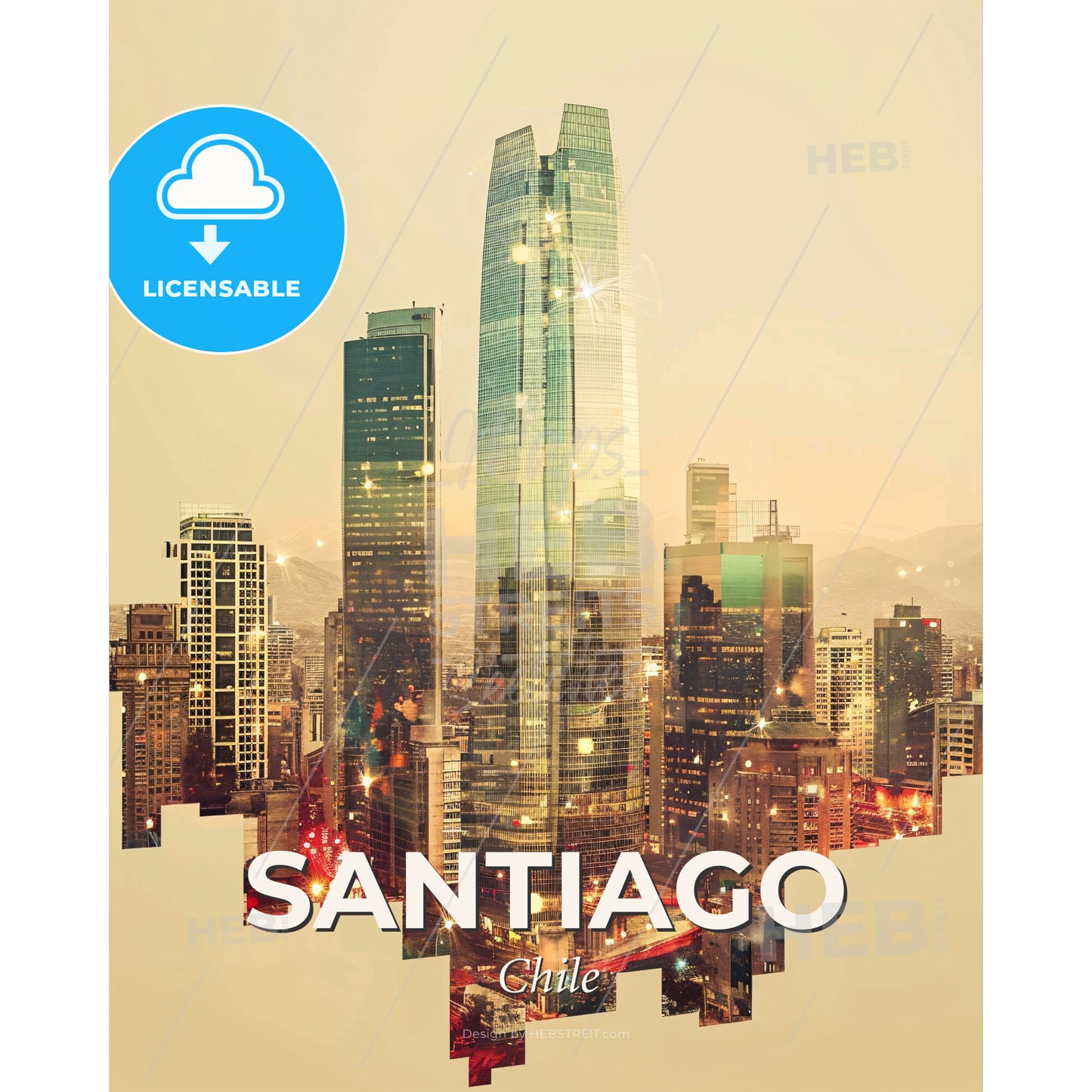 Santiago Skyline Local Architecture Icons Art Poster - A city skyline with many tall buildings - Square format print template