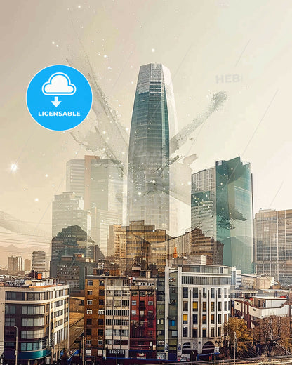 Santiago Skyline Double Exposure Art Print - A city with many buildings