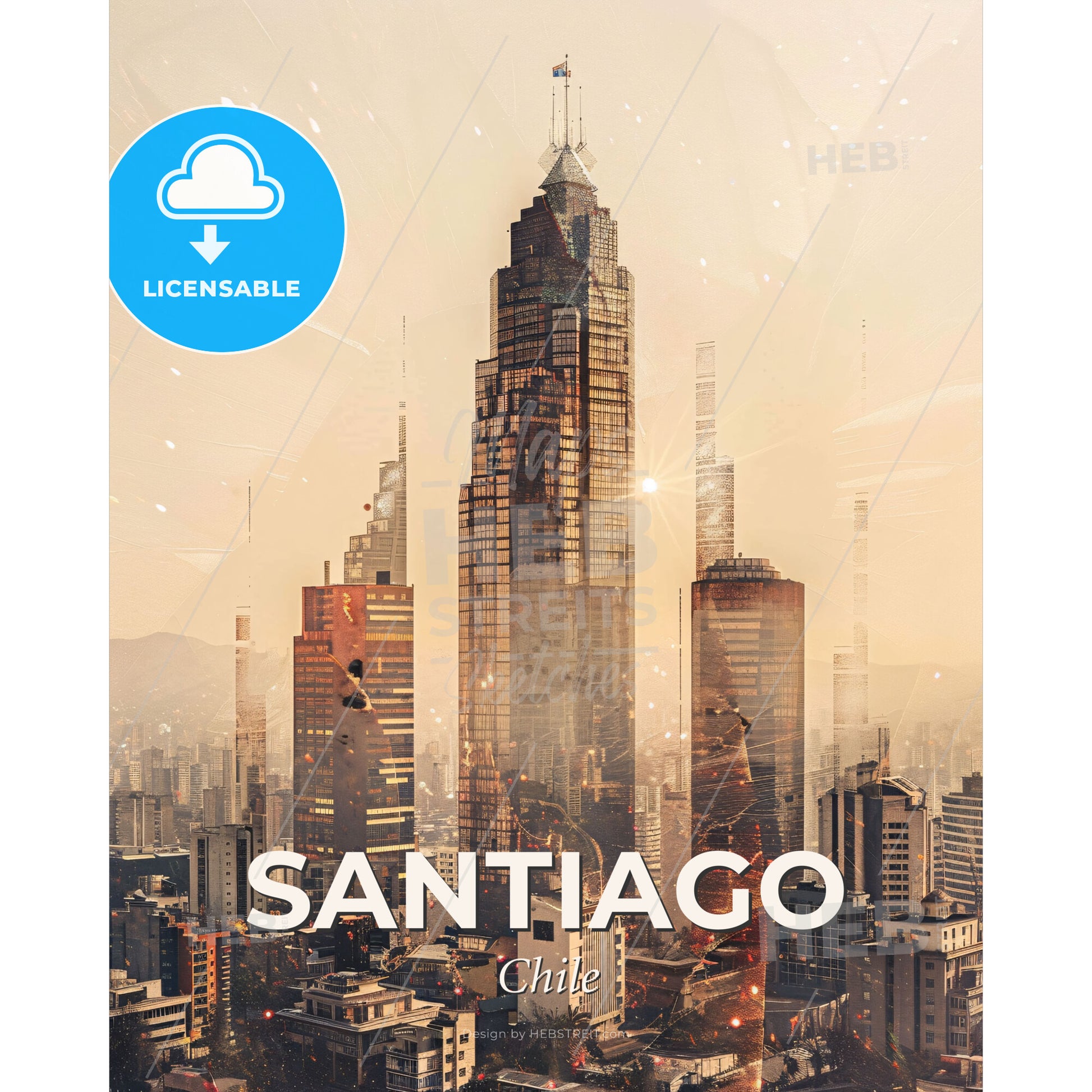 Santiago City Skyline Double Exposure Composite - A city skyline with many tall buildings - Square format print template