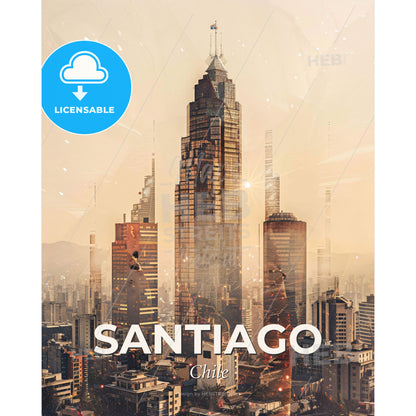 Santiago City Skyline Double Exposure Composite - A city skyline with many tall buildings - Square format print template