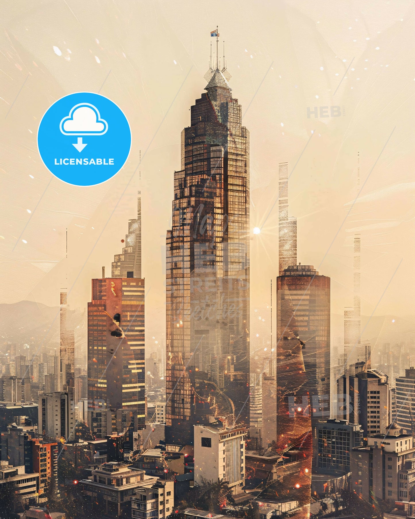 Santiago City Skyline Double Exposure Composite - A city skyline with many tall buildings