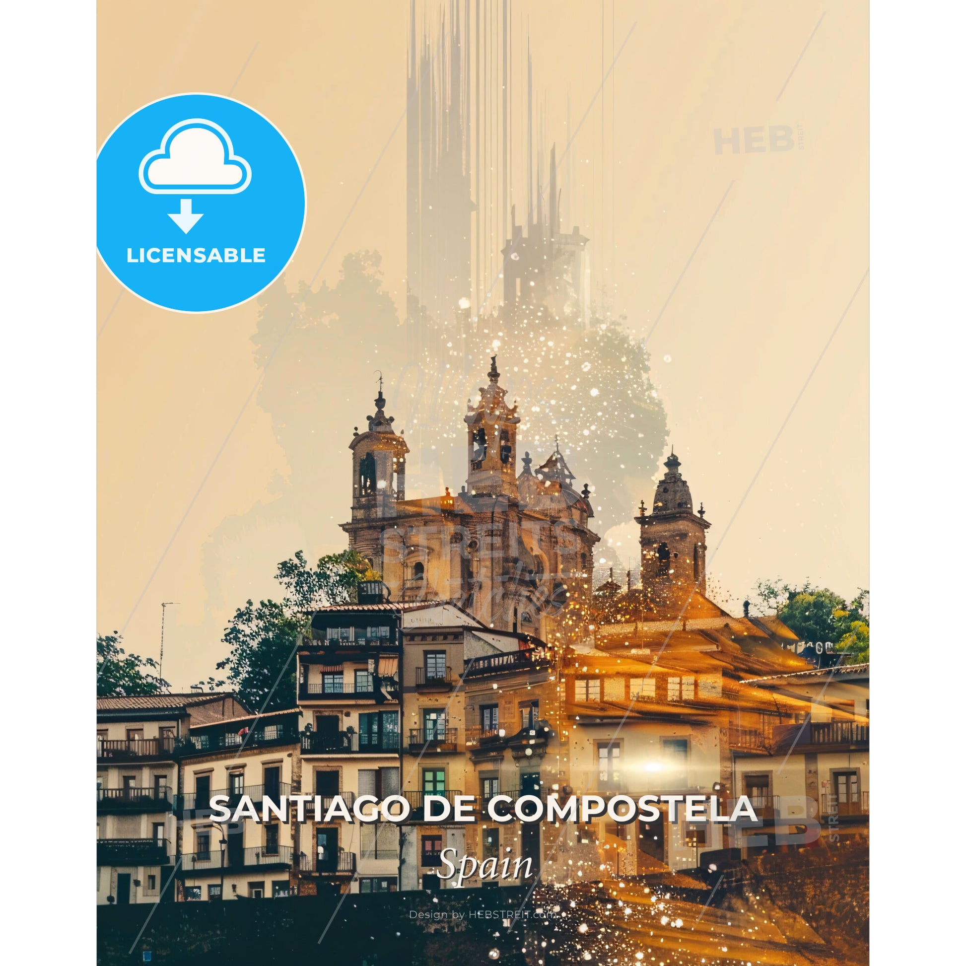 Santiago de Compostela City Skyline Double Exposure Poster - A group of buildings with trees and buildings in the background - Square format print template