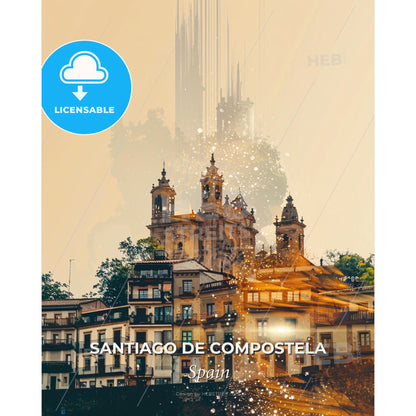 Santiago de Compostela City Skyline Double Exposure Poster - A group of buildings with trees and buildings in the background - Square format print template