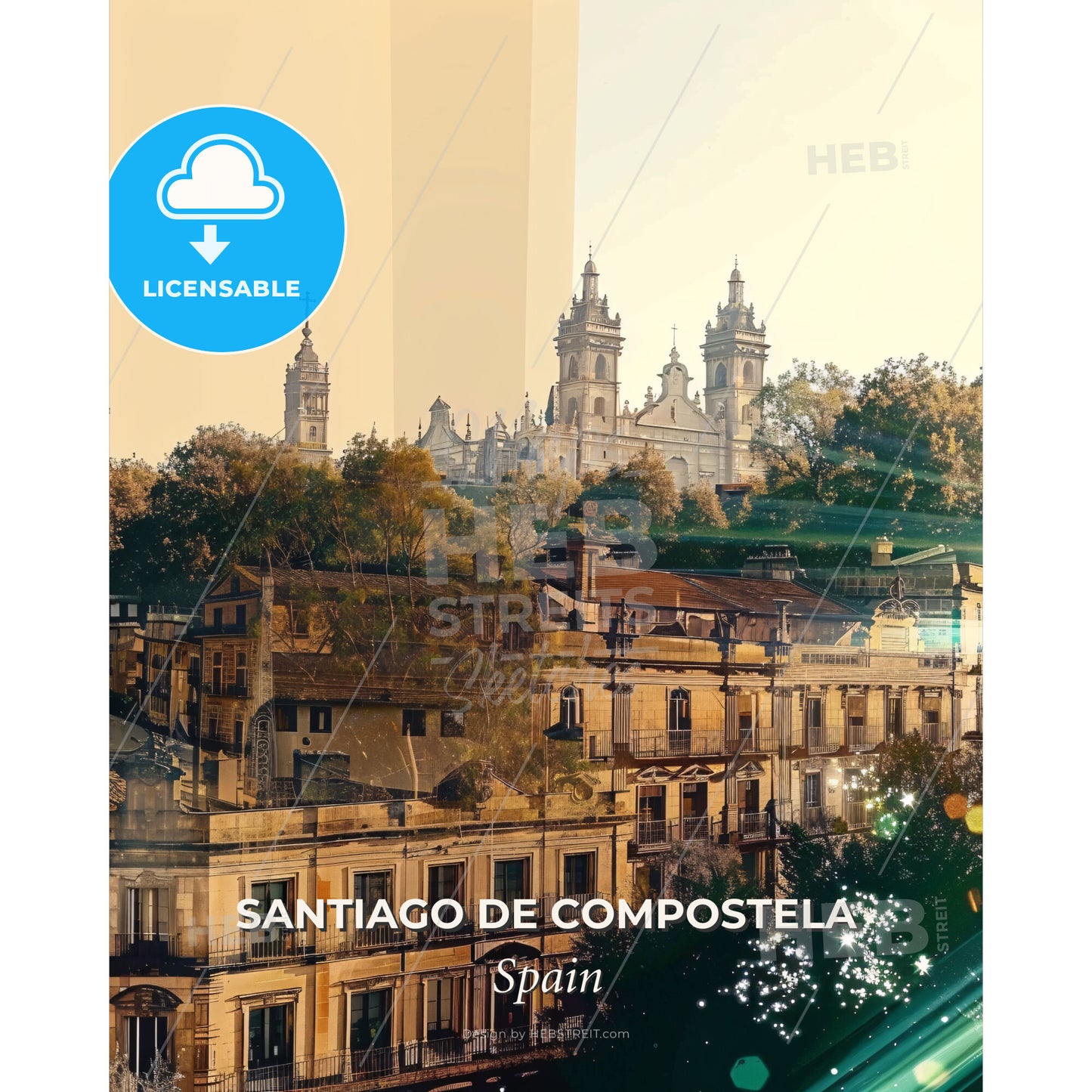 Santiago de Compostela, Skylines and Icons Composite - A building with trees and a building with a large building in the background - Square format print template