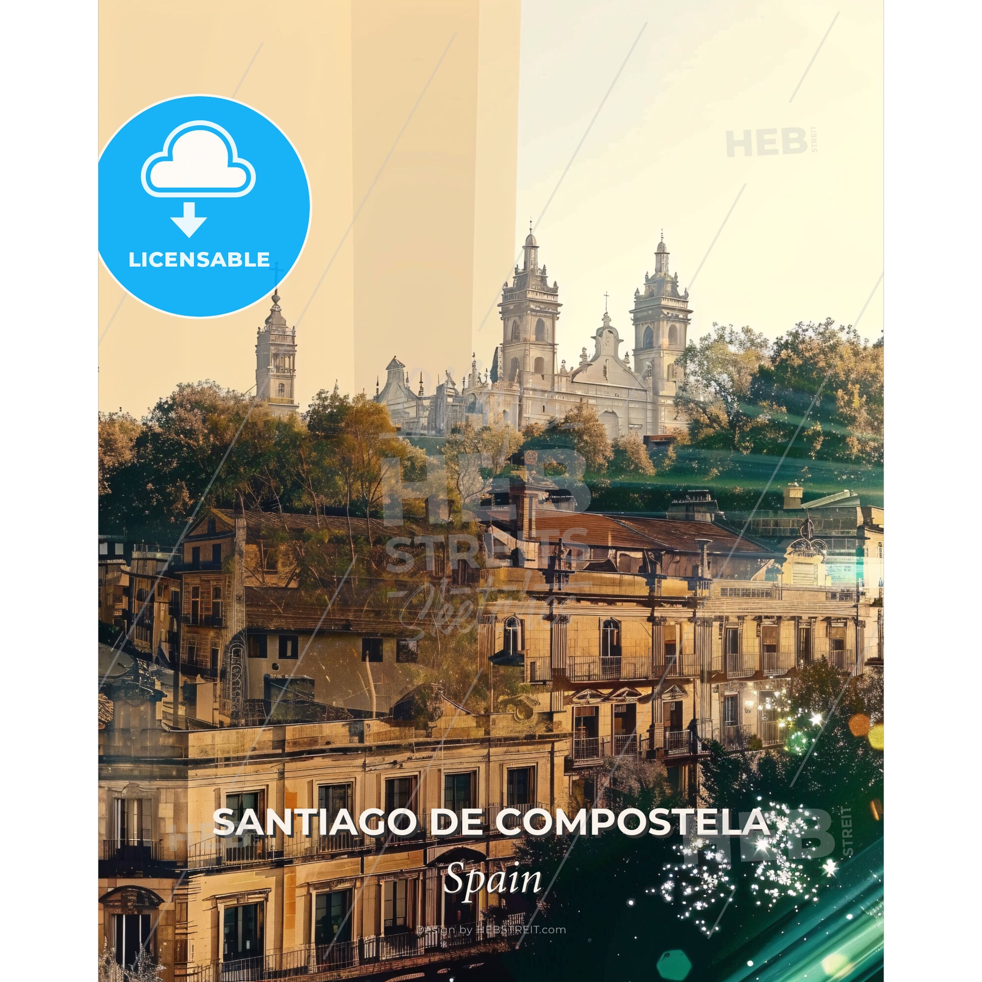 Santiago de Compostela, Skylines and Icons Composite - A building with trees and a building with a large building in the background - Square format print template