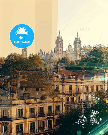 Santiago de Compostela, Skylines and Icons Composite - A building with trees and a building with a large building in the background