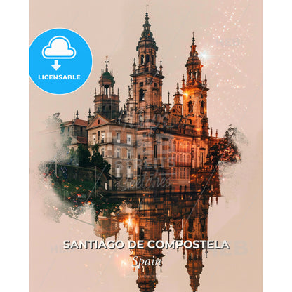 Santiago de Compostela: City Icons in Double Exposure - A building with towers and a reflection of a building - Square format print template