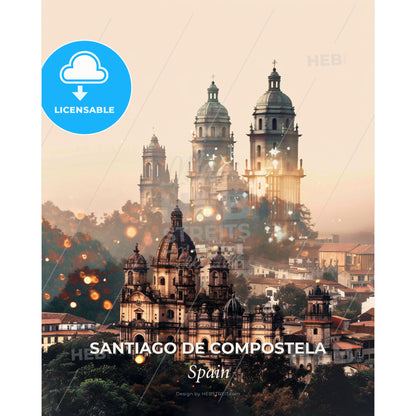 Santiago Composite Art: Skyline and Local Icons - A large building with towers and a city in the background - Square format print template