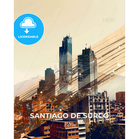 Santiago de Surco: City Skyline Double Exposure - A city with many buildings and power lines - Square format print template