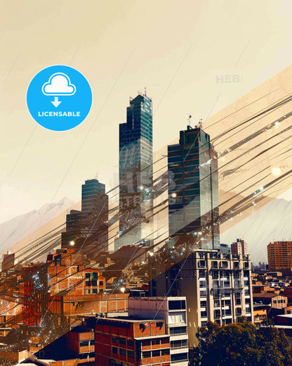 Santiago de Surco: City Skyline Double Exposure - A city with many buildings and power lines
