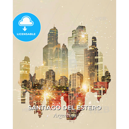 Santiago del Estero City Skyline Double Exposure Artwork - A city skyline with fireworks - Square format print template