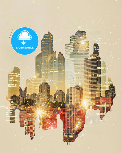 Santiago del Estero City Skyline Double Exposure Artwork - A city skyline with fireworks