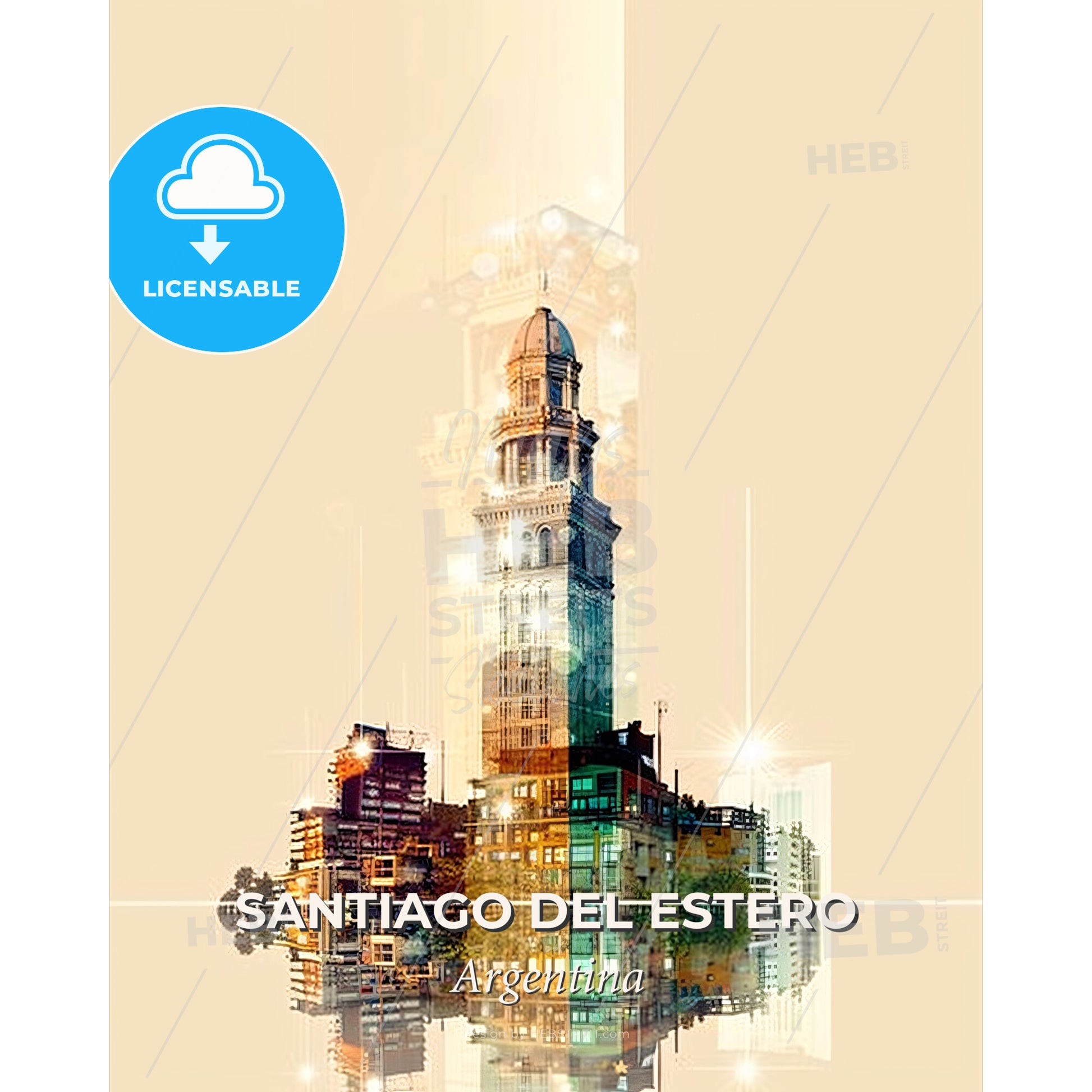 Santiago del Estero Skyline Art: Local Icons in Double Exposure - A city skyline with a tall tower - Square format print template