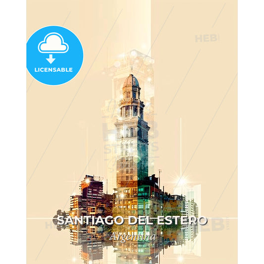 Santiago del Estero Skyline Art: Local Icons in Double Exposure - A city skyline with a tall tower - Square format print template