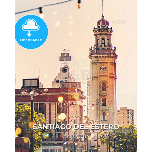 Santiago del Estero City Skyline Art Poster - A clock tower next to a building - Square format print template